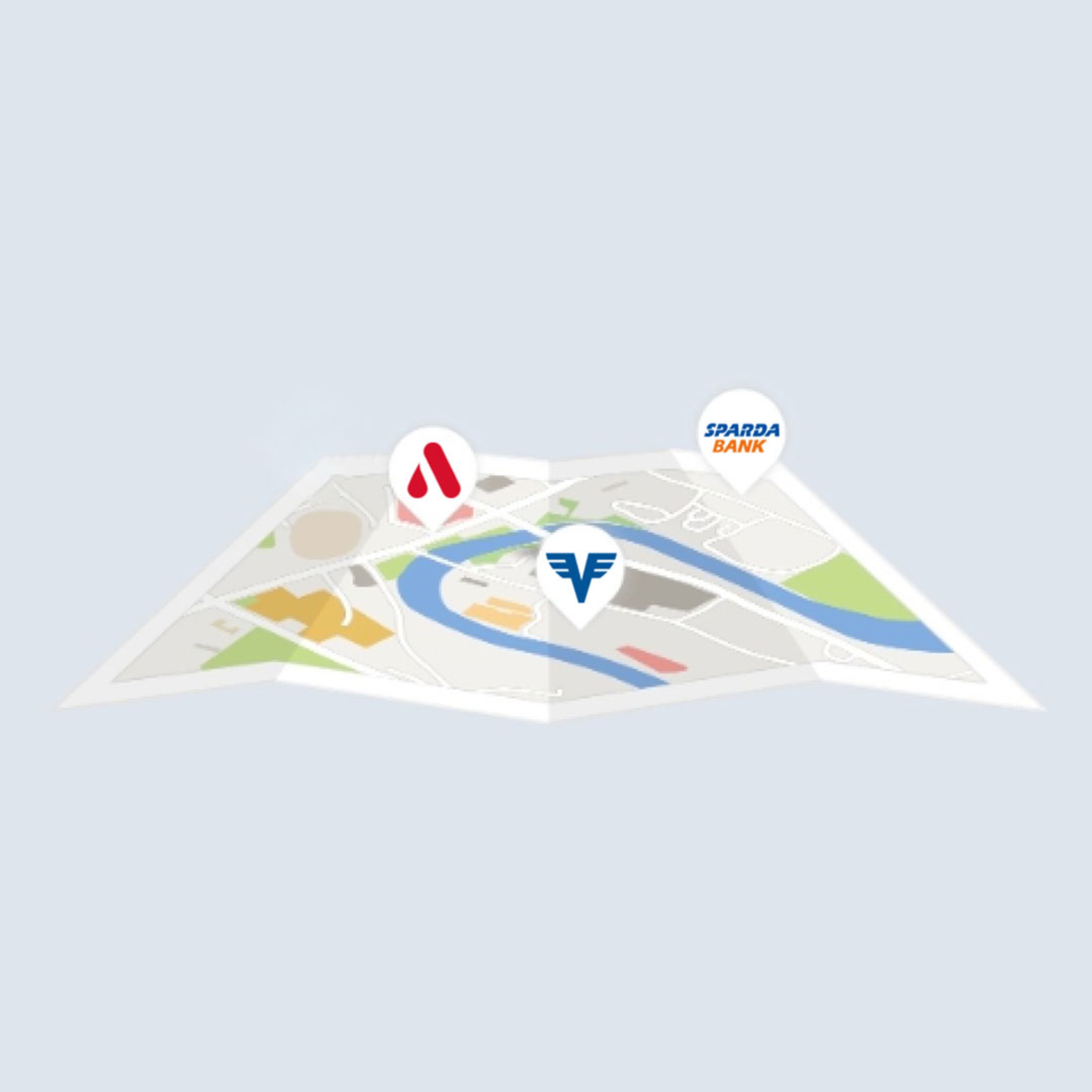 Fikiver Stadtplan, bei dem eine Volksbank, eine Apobank und eine Spardabank jeweil mit deren Logo abgebildet ist. 