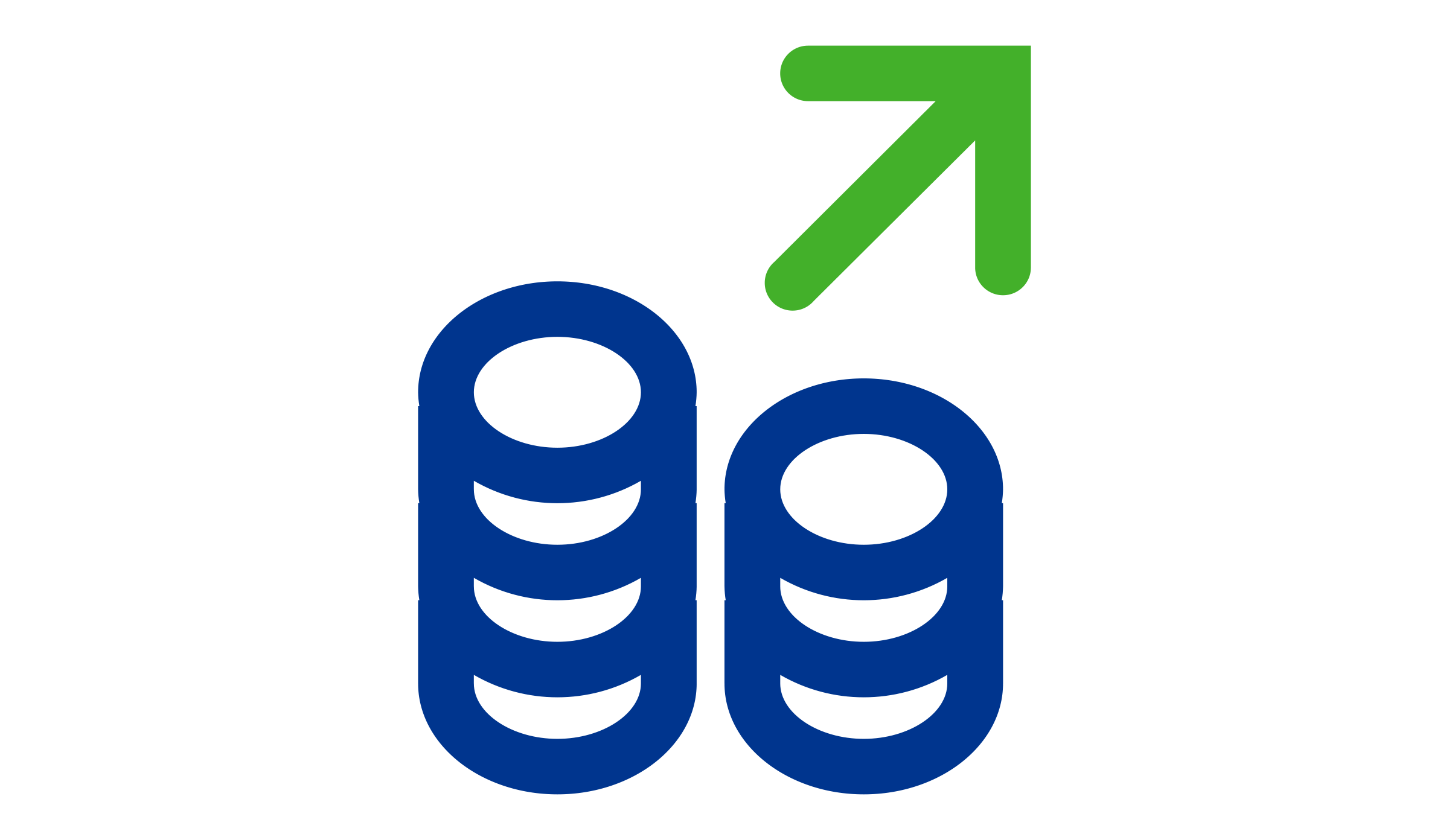 Icon, das zwei ungleich große Geldstapel zeigt von denen aus ein grüner Pfeil nach oben zeigt.