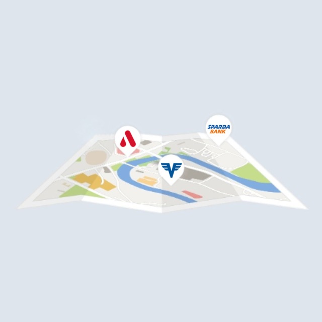 Fikiver Stadtplan, bei dem eine Volksbank, eine Apobank und eine Spardabank jeweil mit deren Logo abgebildet ist. 